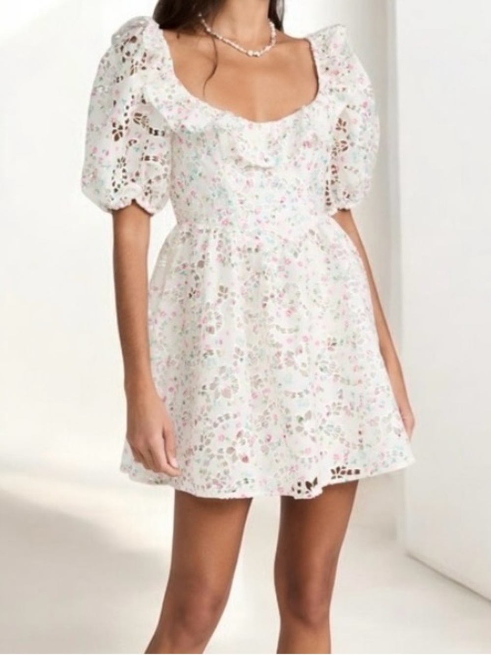 For Love & Lemons White Mini Dress with Pink and Green Floral and Eyelet